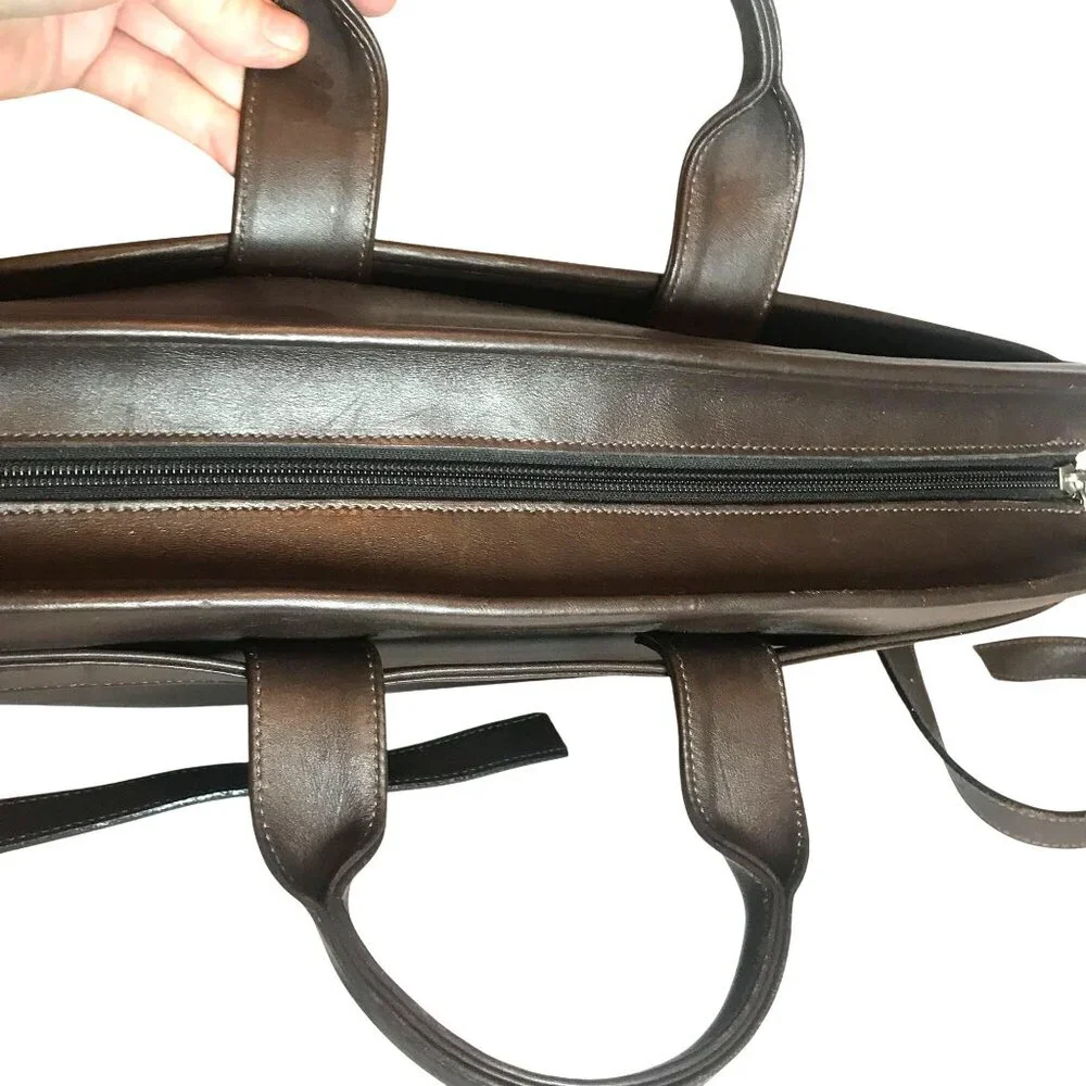 JACK ROGERS Mens Executive Leather Briefcase Messenger Bag Brown Zip Top 16